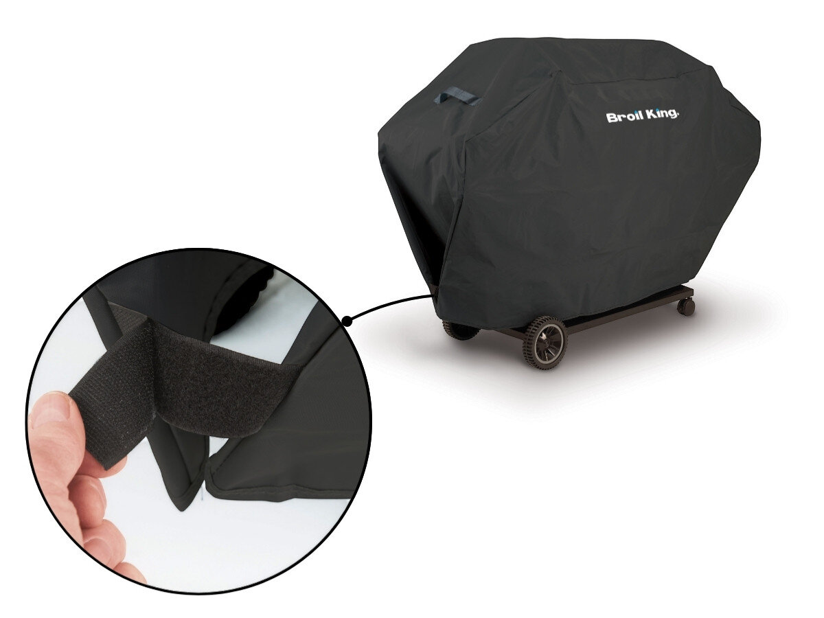 Pokrowiec do grilla BROIL KING Royal 67470, rzepy, mocowanie, grill, stabilność, na białym tle wizualizacj zastosowania rzepów na pokrowcu