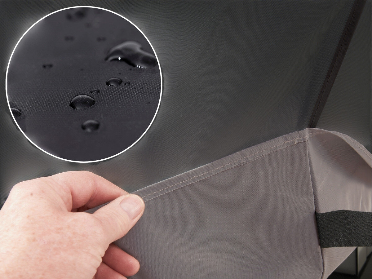 Osoba trzyma szary materiał pokrowca, a w powiększeniu widać krople wody na jego powierzchni.