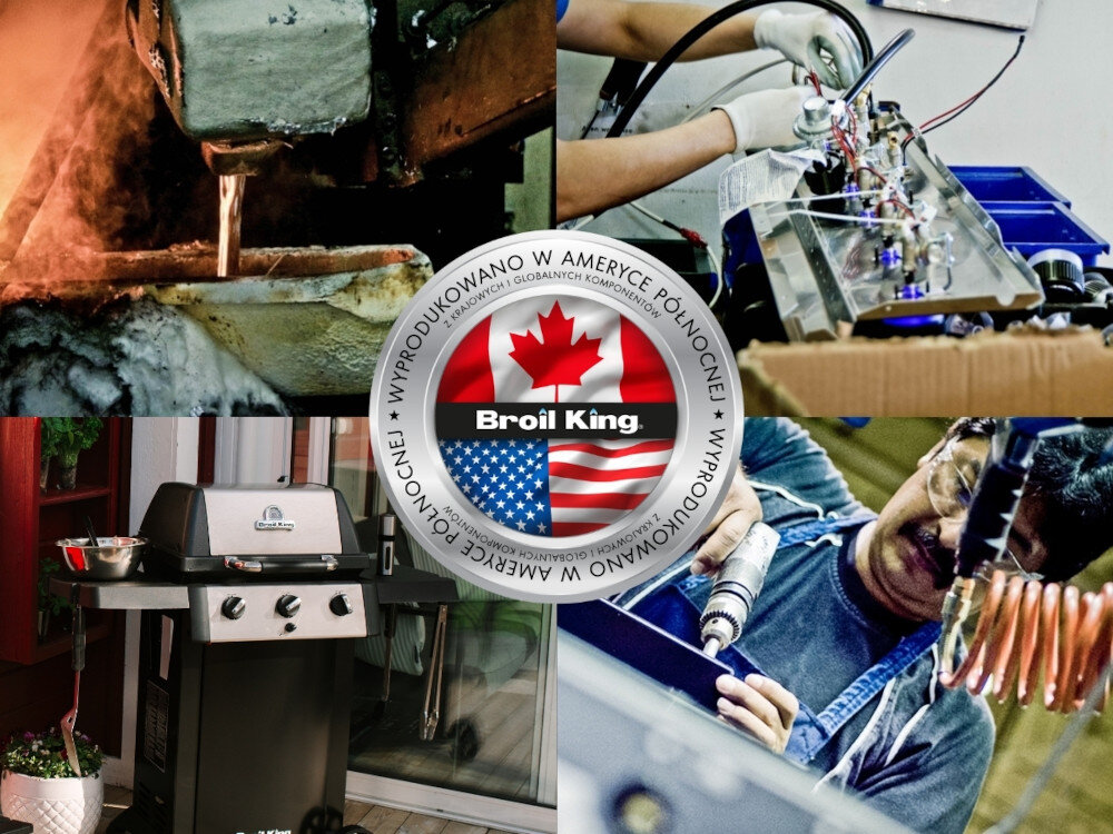 Grill gazowy BROIL KING GEM 310 6.9 kW 53 x 34 - 46.5 x 18.5 cm kolaż zdjęć po środku logo BROIL KING jakość i pasja fabryki w USA i Kanadzie maksymalną trwałość i komfort użytkowania