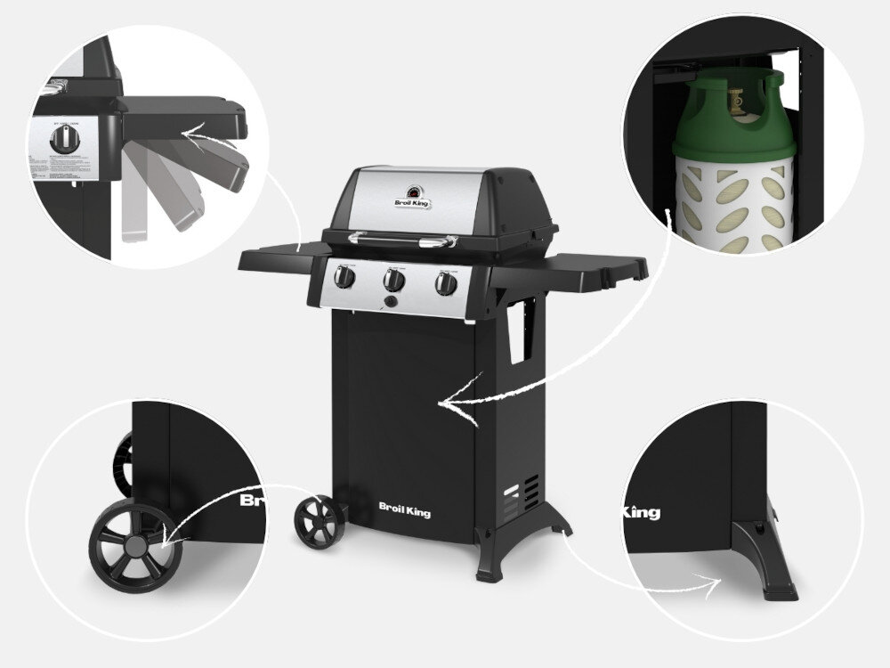 Grill gazowy BROIL KING GEM 310 6.9 kW 53 x 34 - 46.5 x 18.5 cm kolaż po środku grill z otwartą pokrywą wokół cztery zdjęcia w kółkach na pokazujące zbliżenie na kółka półkę boczną szafkę na butlę gazową dodatkową półkę składane półki boczne z haczykami na akcesoria szafka z drzwiami zmieści 11-kg butlę gazową z kołnierzem lub bez stabilność i mobilność dwa koła transportowe o średnicy 18 cm