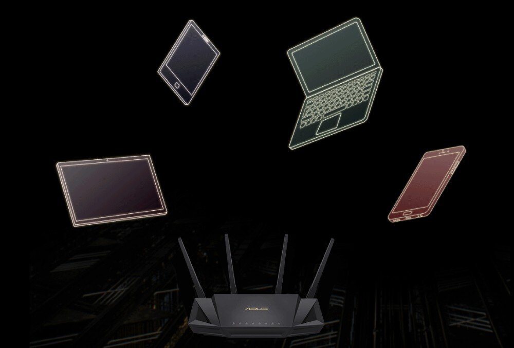 Router ASUS RT-AX58U Router umieszczony centralnie, wokół którego unoszą się neonowe kontury laptopów, tabletów i telefonów, symbolizujące wiele podłączonych sprzętów, technologie, funkcje