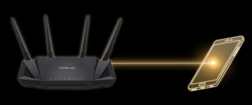 Router ASUS RT-AX58U Router wysyłający złotą wiązkę światła bezpośrednio do smartfona na ciemnym tle, co obrazuje ukierunkowany sygnał, anteny, sieć Mesh