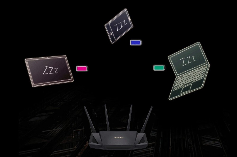 Router ASUS RT-AX58U Czarny router z czterema antenami, nad którym unoszą się kontury urządzeń mobilnych z symbolami 'Zzz' i ikonami baterii, sugerującymi oszczędzanie energii, oszczędność energii, procesor