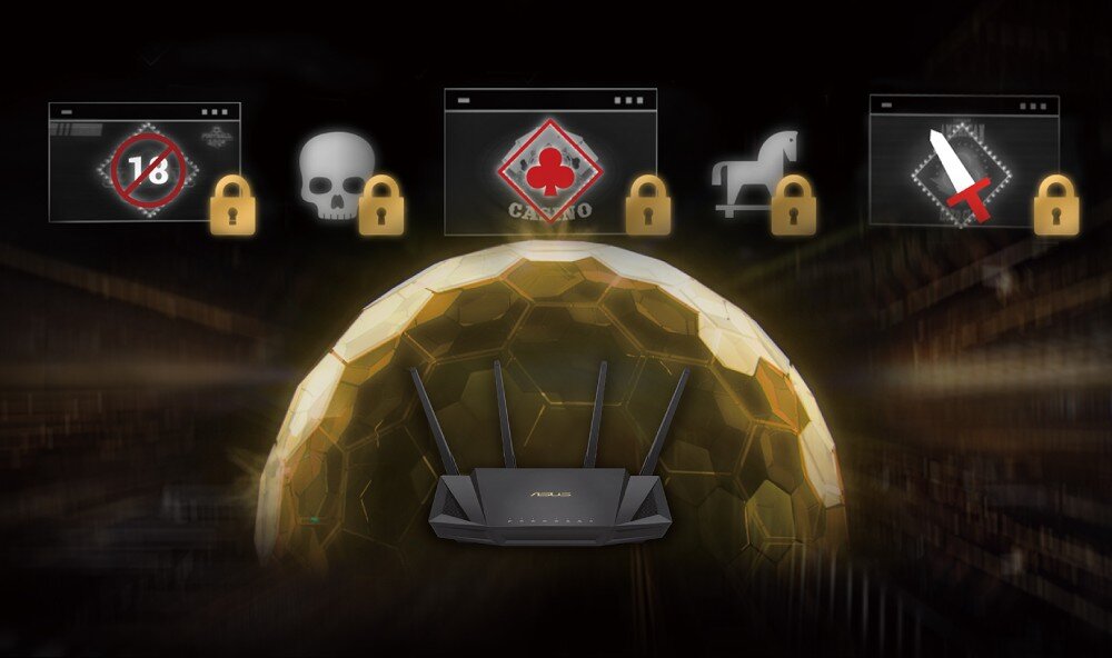 Router ASUS RT-AX58U Urządzenie schowane pod złotą, cyfrową kopułą, która blokuje ikony symbolizujące zagrożenia internetowe, takie jak wirusy i hazard, bezpieczeństwo, ochrona sieci
