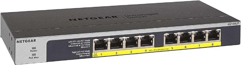 Switch NETGEAR GS108LP - dostępne złącza 8 portów RJ-45 architektura Gigabit Ethernet szybkość przekierowań pakietów