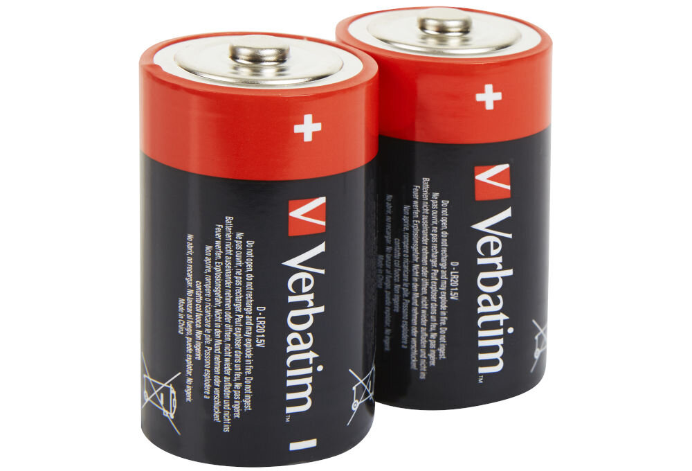 Baterie D LR20 VERBATIM Premium (2 szt.) baterie, latarka, radio, baterie na bialym tle