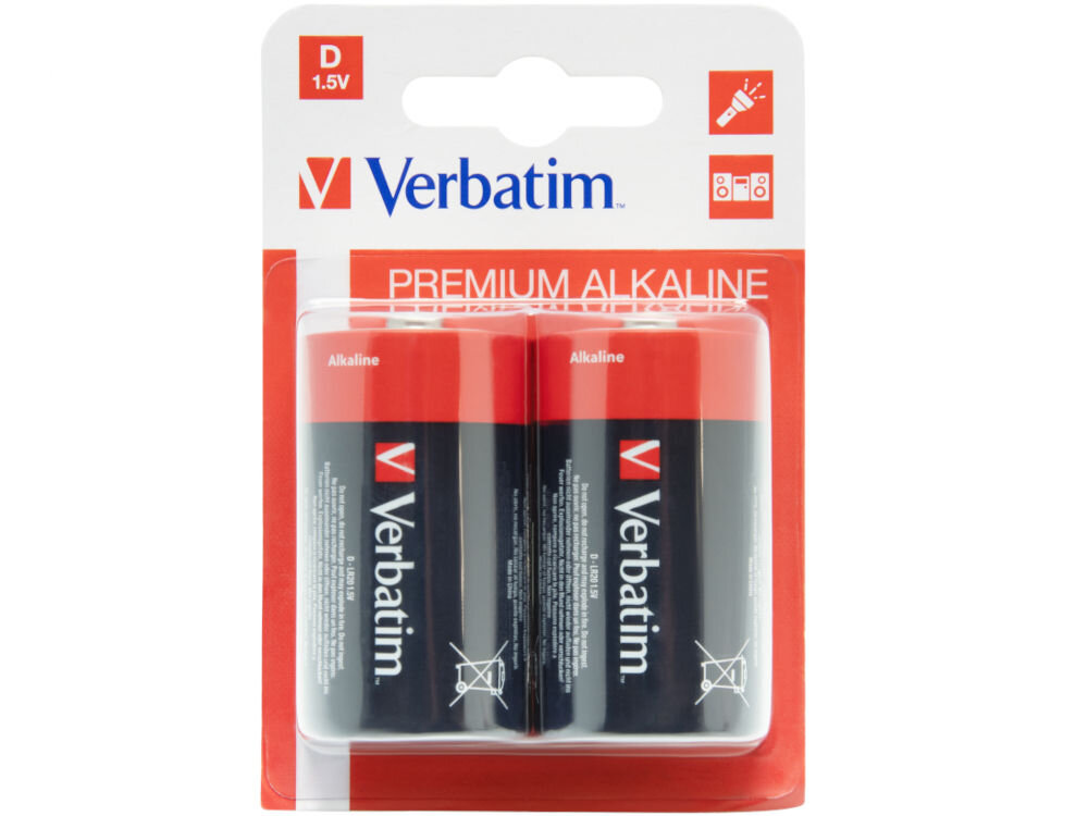 Baterie D LR20 VERBATIM Premium (2 szt.) zrodlo latarki, lampki, energia, stabilnosc, dzialanie, baterie na bialym tle