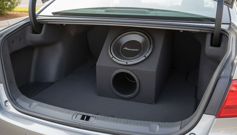 W bagażniku samochodu znajduje się subwoofer w obudowie z widocznym logo \'Pioneer\'.
