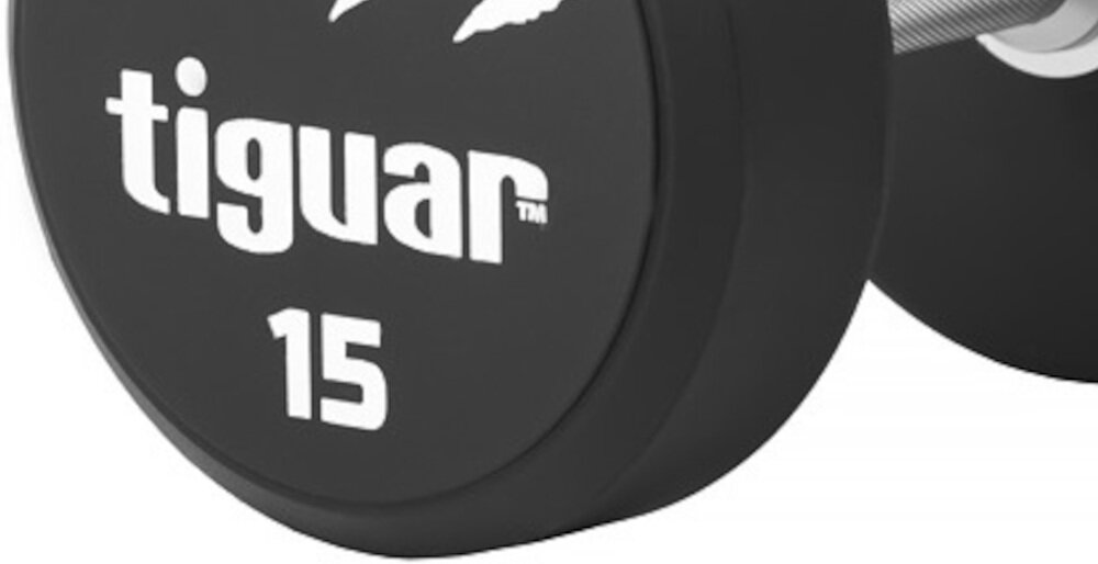 Hantla TIGUAR PU Dumbbells (15 kg) możliwość pracy asymetrycznej jedna hantla waży 15 kg z wysokiej jakości komponentów wykonany z poliuretanowego materiału odporny na uszkodzenia łatwy w czyszczeniu pokrycie materiałem PU wydłuża żywotność nadaje estetyczny wygląd