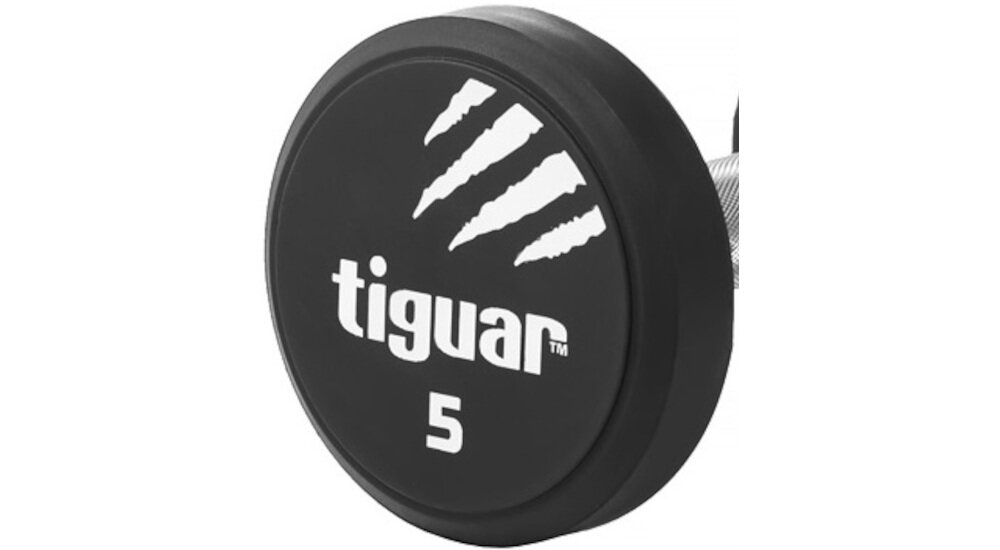 Hantla TIGUAR PU Dumbbells (5 kg) możliwość pracy asymetrycznej jedna hantla waży 5 kg z wysokiej jakości komponentów wykonany z poliuretanowego materiału odporny na uszkodzenia łatwy w czyszczeniu pokrycie materiałem PU wydłuża żywotność nadaje estetyczny wygląd