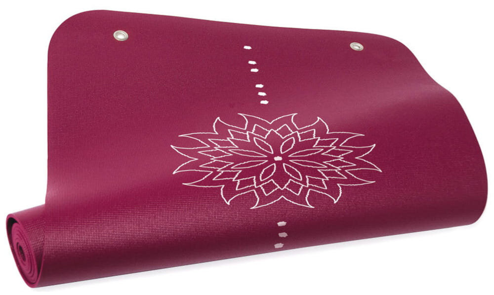 Mata do jogi TIGUAR Yoga Basis Fioletowy lekko zwinięta mata na białym tle widok na mandale do wykonywania ćwiczeń jogi stretchingu mobilizacji stabilne i bezpieczne podparcie na różnych typach podłoża odpowiednie kontrola ciała podczas treningu amortyzacja zmniejsza nacisk