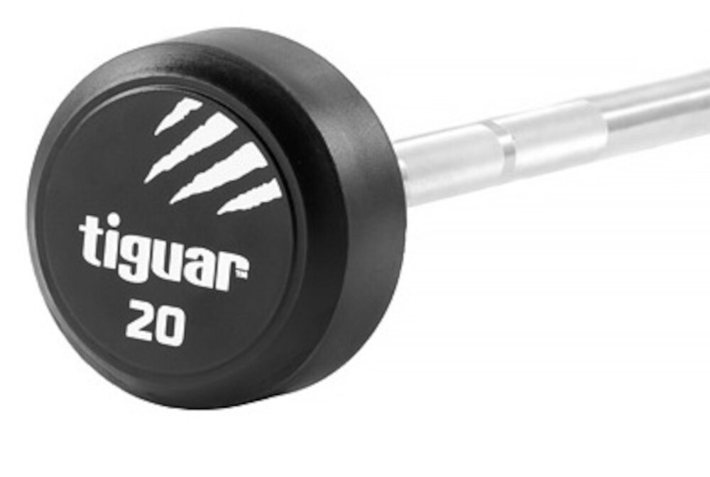 Sztanga TIGUAR Barbell (20 kg) w części chwytnej specjalne radełkowanie pewn i wygodne trzymanie obciążenia pokryte są gumową powłoką z wysokiej jakości komponentów ze stali średnica sztangi 32 mm proces chromowania