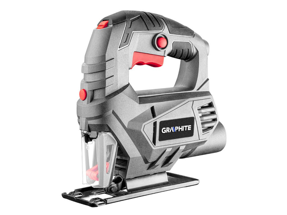 Wyrzynarka GRAPHITE 58G047 komfort duża moc szeroki zakres zastosowań do użytku domowego do cięcia w drewnie i stali silnik moc 450 W prędkość skokowa do 1700 skok/min długość skoku 17 mm