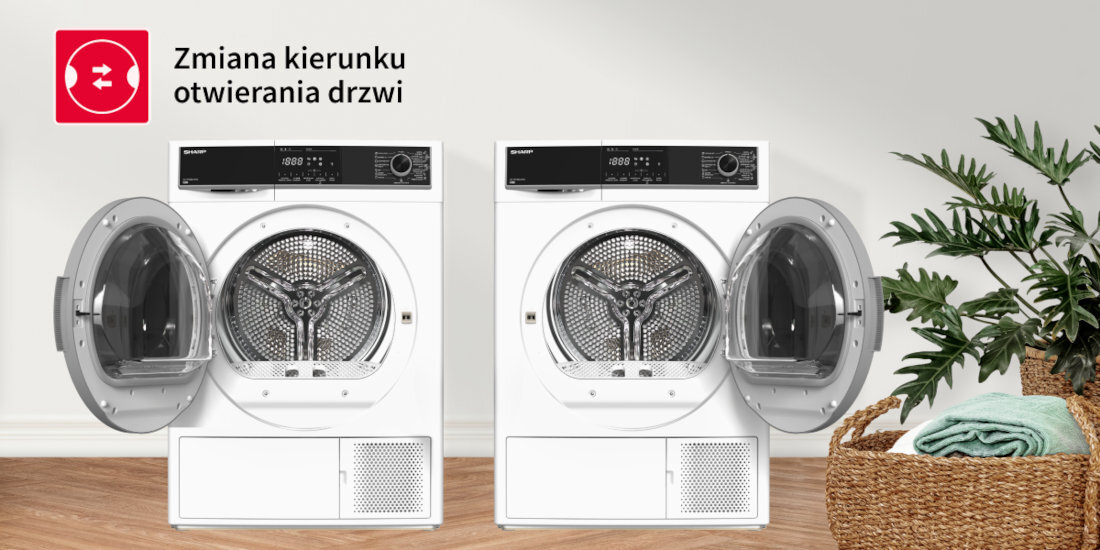 Suszarka SHARP KD-HHH8S7GW2 mozliwosc zmiany kierunku otwierania drzwi