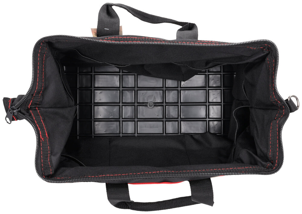 Torba narzędziowa DEDRA N0041 otwarta torba na białym tle widok z góry wymiary 40 x 22 x 31 cm 22 kieszenie uporządkowanie elektronarzędzi i akcesoriów