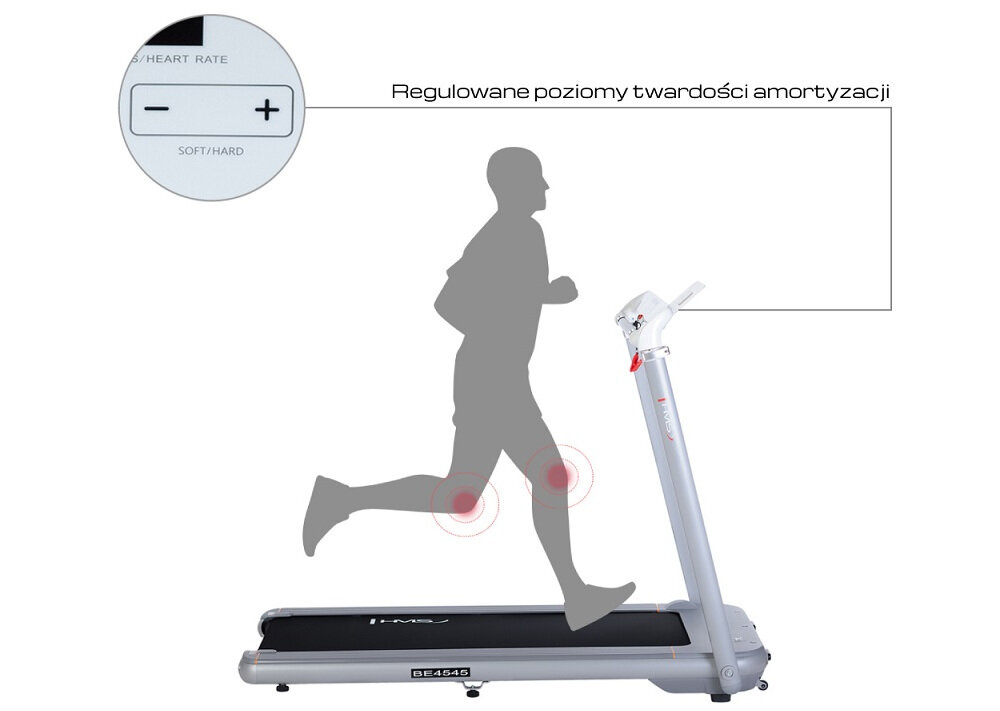 Bieżnia elektryczna HMS BE4545 antypoślizgowa powierzchnia pasa bieżnego zwiększa stabilność ułatwia zachowanie poprawnej techniki biegu wybór twardości pasa w 24 stopniach