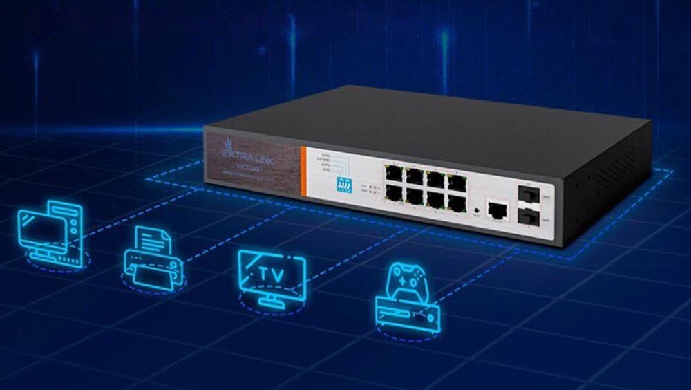Switch EXTRALINK Victor EX-2500G-10MPS Grafika pokazująca switcha podłączonego do różnych urządzeń, reprezentowanych przez ikony: komputera, drukarki, telewizora i konsoli do gier, opis