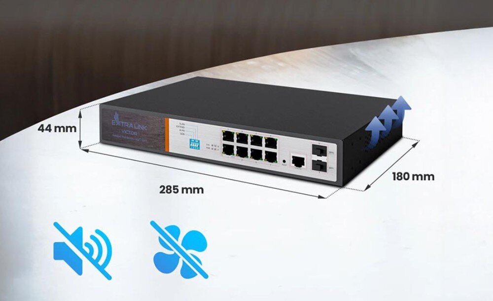 Switch EXTRALINK Victor EX-2500G-10MPS Prezentacja switcha z jego wymiarami: 285 mm szerokości, 180 mm głębokości i 44 mm wysokości, oraz ikonami symbolizującymi cichą, bezwentylatorową pracę, konfiguracja, obsługa VLAN