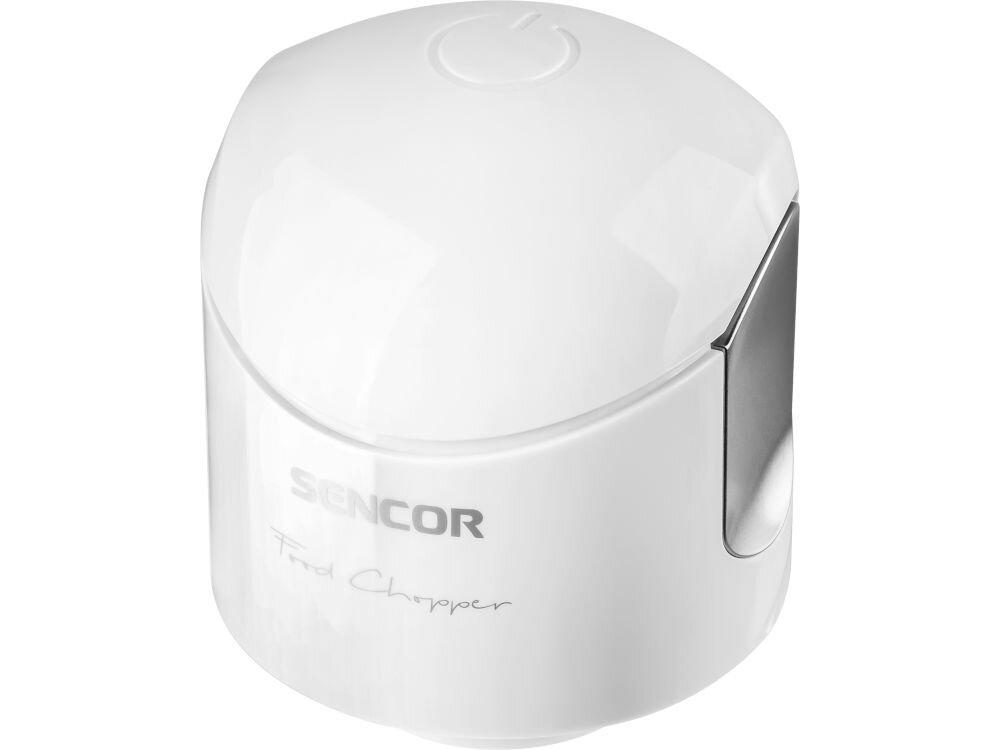 Rozdrabniacz do warzyw SENCOR SCB 5100WH-EUE3 biała obudowa przycisk białe tło obsługa naciśnięcie przycisku wyłącznik bezpieczeństwa gumowa podkładka antypoślizgowa komfort i bezpieczeństwo
