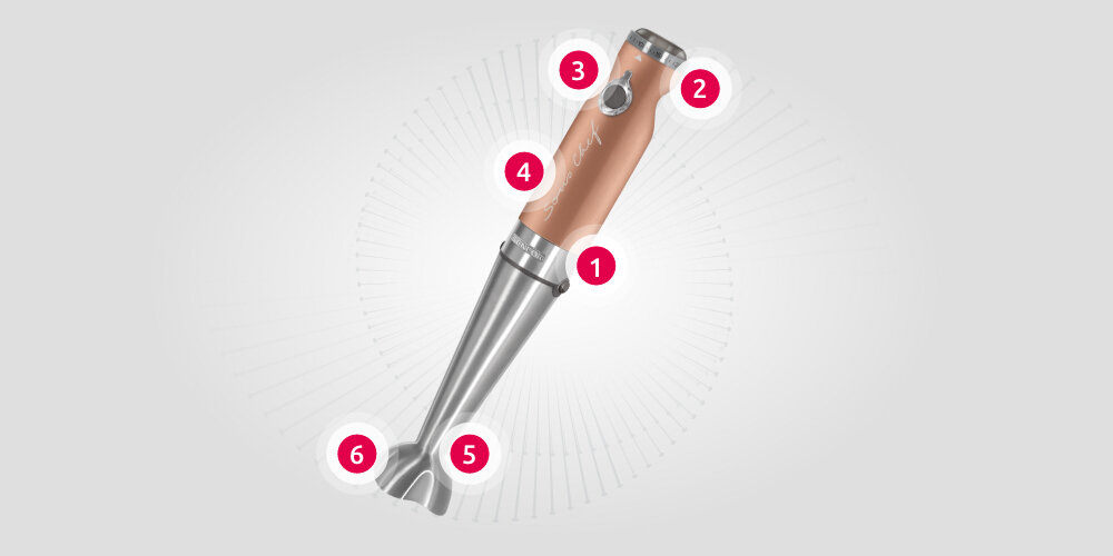 Blender SENCOR SHB 5606GD wygoda funkcjonalność przycisk uchwyt 20 stopni prędkości regulacja prędkości Ergonomiczny uchwyt Nierdzewne ostrze końcówka