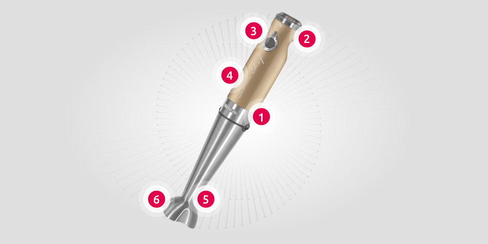 Blender SENCOR SHB 5607CH wygoda funkcjonalność przycisk uchwyt 20 stopni prędkości regulacja prędkości Ergonomiczny uchwyt Nierdzewne ostrze końcówka