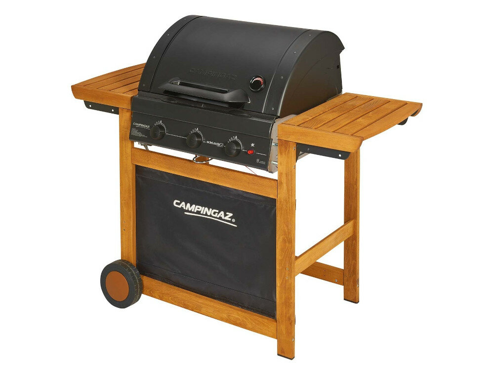Grill gazowy CAMPINGAZ Adelaide 3 Woody L BBQ 300 pokrywa misa paleniskowa ze stali emaliowanej drwniany wózek z drewna bukowego prostokątny ruszt 3 palniki