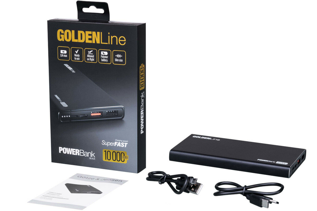 Powerbank GÖTZE & JENSEN Golden Line 10000 mAh Czarny zawartosc opakowania