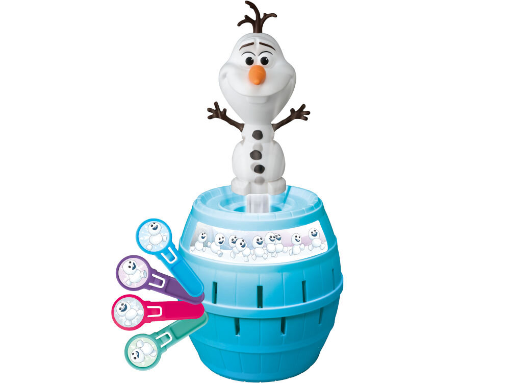 Gra zręcznościowa TOMY Disney Frozen Pop Up Beczka Olafa! T73038 Figurka bałwanka Olafa z filmu Kraina Lodu stoi w niebieskiej beczce. W otworach wiszą patyczki z wizerunkami małych bałwanków.