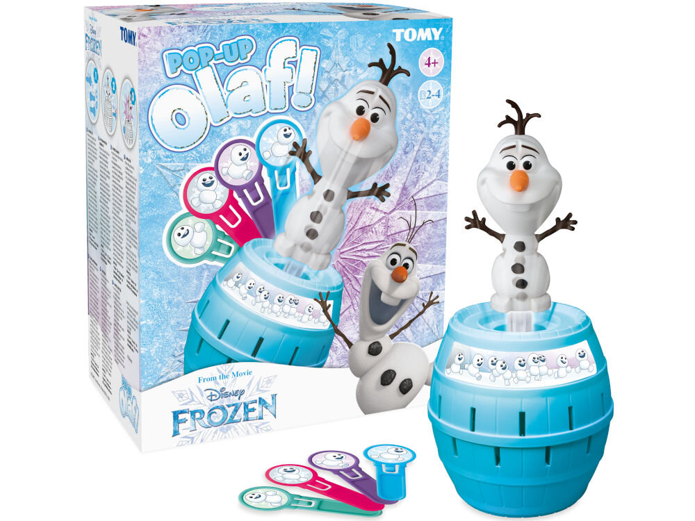 Gra zręcznościowa TOMY Disney Frozen Pop Up Beczka Olafa! T73038 Opakowanie gry Pop Up Olaf! (Tomy) z filmu Disney Kraina Lodu. W zestawie niebieska beczka, figurka Olafa i kolorowe patyczki.