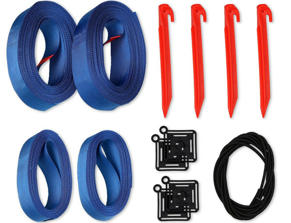 Zestaw do siatkówki plażowej FUNTEC Beach Champ liny wyznaczają pole gry z niebieskiej taśmy szerokość 50 mm plastikowe narożniki środkowe znaczniki