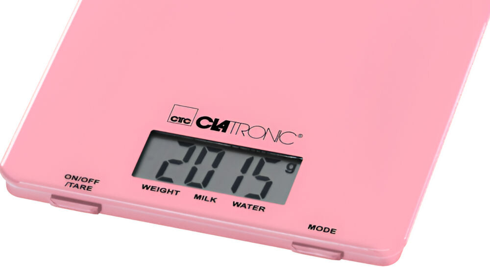 Waga kuchenna CLATRONIC KW 3626 Różowy różowa waga zbliżenie na wyświetlacz liczby przyciski białe tło dla każdego miłośnika gotowania precyzyjny pomiar do 5000 g dokładność do 1 g dokładne odmierzanie składników wyświetlacz LCD łatwy odczyt wartości jednostki miary – gramy (g), funty uncje (lb-oz), mililitry (ml) uncje płynne (fl-oz) dostosowanie do międzynarodowych standardów kulinarnych z wysokiej jakości szkła stylowy design urządzenia 