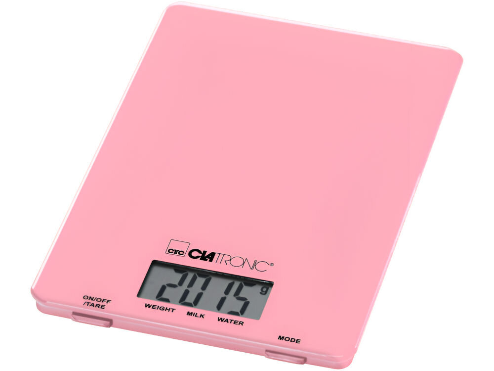 Waga kuchenna CLATRONIC KW 3626 Różowy różowa waga leży pod skosem wyświetlacz liczby przyciski białe tło funkcja tarowania ważenie bez konieczności opróżniania pojemnika automatyczne wyłączanie wskaźnik niskiego poziomu baterii stabilność urządzenia antypoślizgowe gumowe nóżki zasilana baterią CR 2032 komfort użytkowania