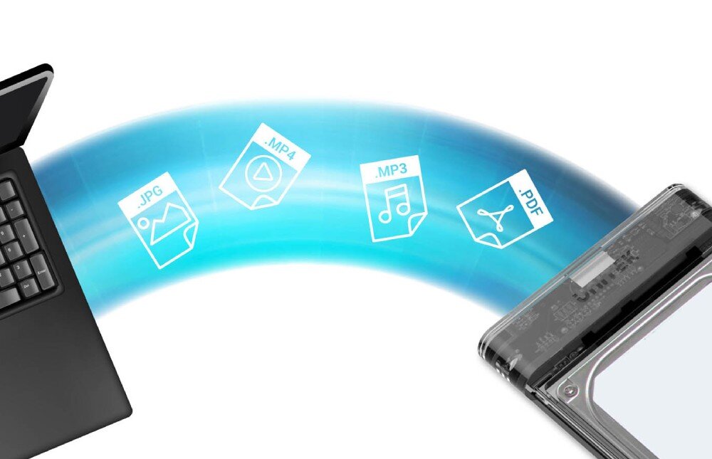 Obudowa dysku UNITEK S1103A Grafika pokazująca laptop po lewej stronie, z którego w stronę przezroczystej obudowy na dysk twardy po prawej, płynie jasnoniebieski, łukowaty strumień danych z czterema białymi ikonami plików: '.JPG' z krajobrazem, '.MP4' z przyciskiem odtwarzania, '.MP3' z nutą i '.PDF' z symbolem dokumentu, na białym tle