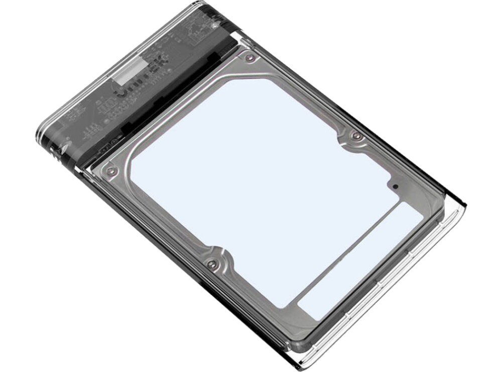 Obudowa dysku UNITEK S1103A Przezroczysta obudowa na dysk twardy z umieszczonym wewnątrz dyskiem twardym z metalową ramką i jasną etykietą, ułożona skośnie na białym tle