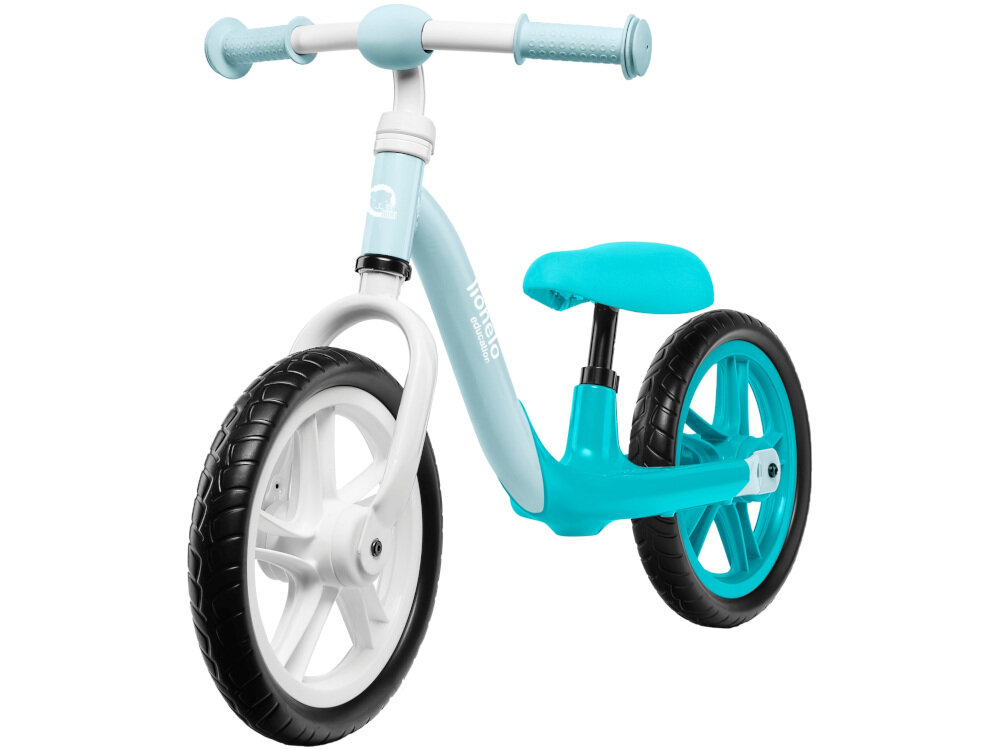 Rowerek biegowy LIONELO Alex Turkusowy w turkusowym kolorze nie posiada pedałów oraz łańcucha będzie rósł razem z dzieckiem regulacja kierownicy i siodełka