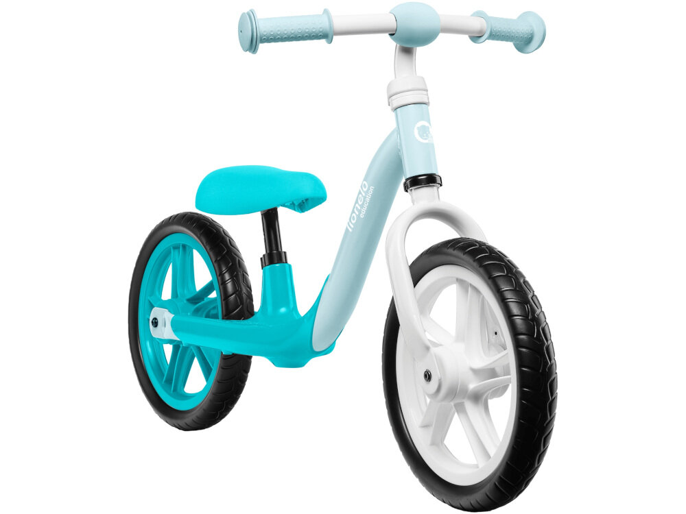 Rowerek biegowy LIONELO Alex Turkusowy pewny chwyt regulowa kierownica w zakresie 52-58 cm rączki pokryte antypoślizgowymi nakładkami blokada skrętu miękka gumowa osłonka