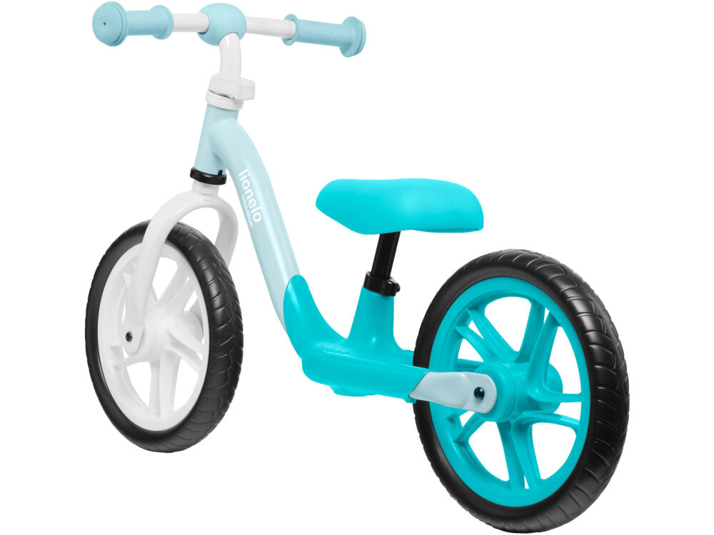 Rowerek biegowy LIONELO Alex Turkusowy koła 12-calowe bezdętkowe z wysokojakościowej pianki EVA nie trzeba pompować znakomita przyczepność i zwrotność odblaskowa naklejka