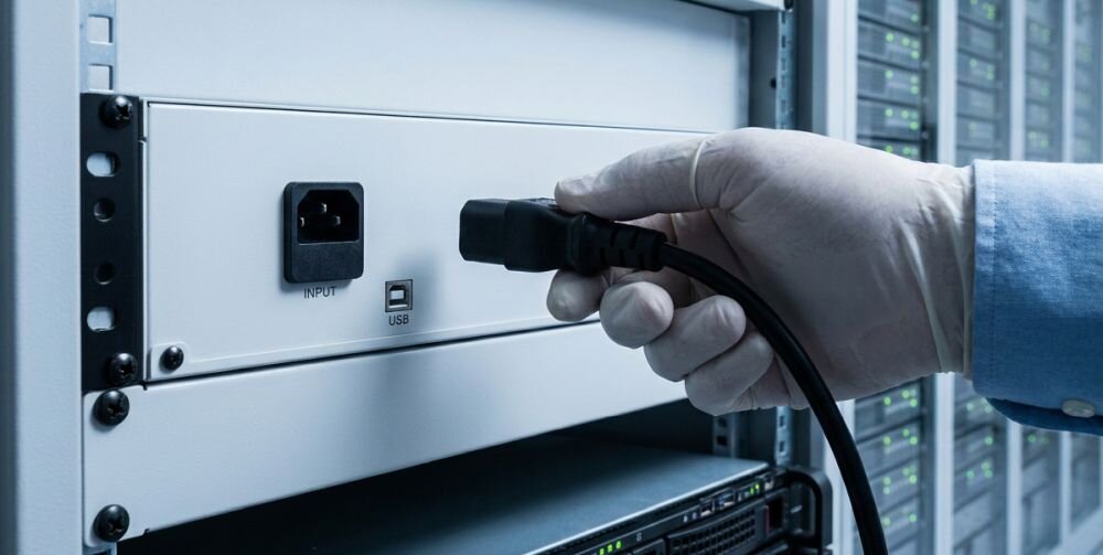 Osoba w rękawiczce podłącza kabel zasilający do gniazda oznaczonego jako \'INPUT\' na urządzeniu z portem USB obok. W tle widoczne są szafy serwerowe.
