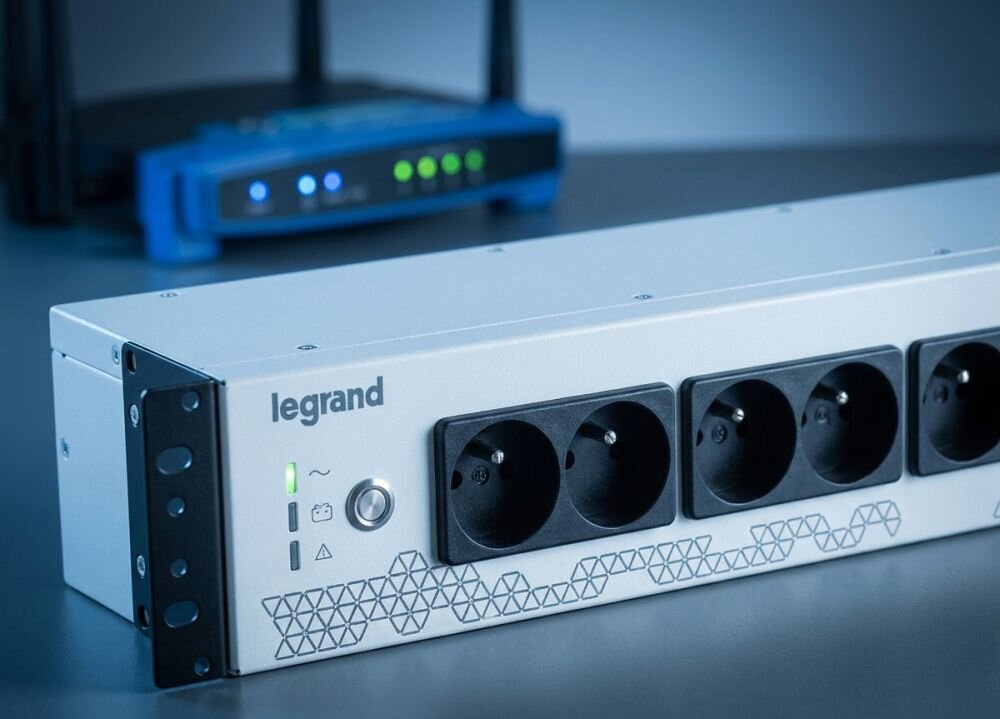 Na obrazie widoczny jest zasilacz UPS z logo \'legrand\', posiadający kilka gniazd elektrycznych i wskaźniki LED. W tle znajduje się urządzenie z kilkoma świecącymi diodami.