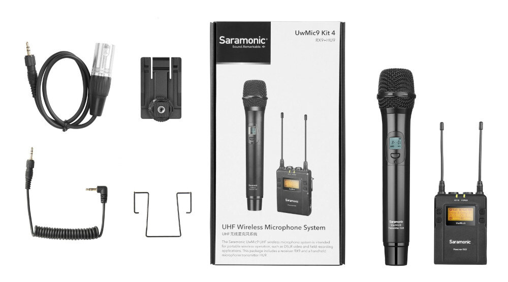 System bezprzewodowy SARAMONIC UWMIC9 Kit4 mocowanie do paska, kabel XLR/miniJack 3.5 mm, kabel miniJack 3,5 mm TRS/miniJack 3,5 mm TRS