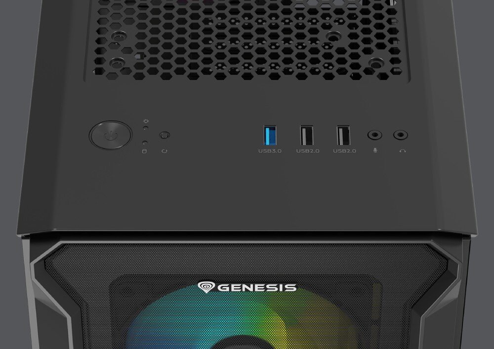 Obudowa GENESIS Irid 503 ARGB Górny panel obudowy komputerowej z przyciskiem zasilania, portami USB (w tym jednym USB 3.0) oraz wejściami audio. Widoczna perforowana powierzchnia zapewniająca wentylację, porty, gniazda