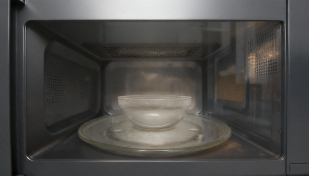 KUCHNIA MIKROFALOWA GORENJE MO20E1B wnętrze talerz miska z wodą para skroplona woda czyszczenie parą program AutoClean łatwe czyszczenie para wodna usuwanie zabrudzeń