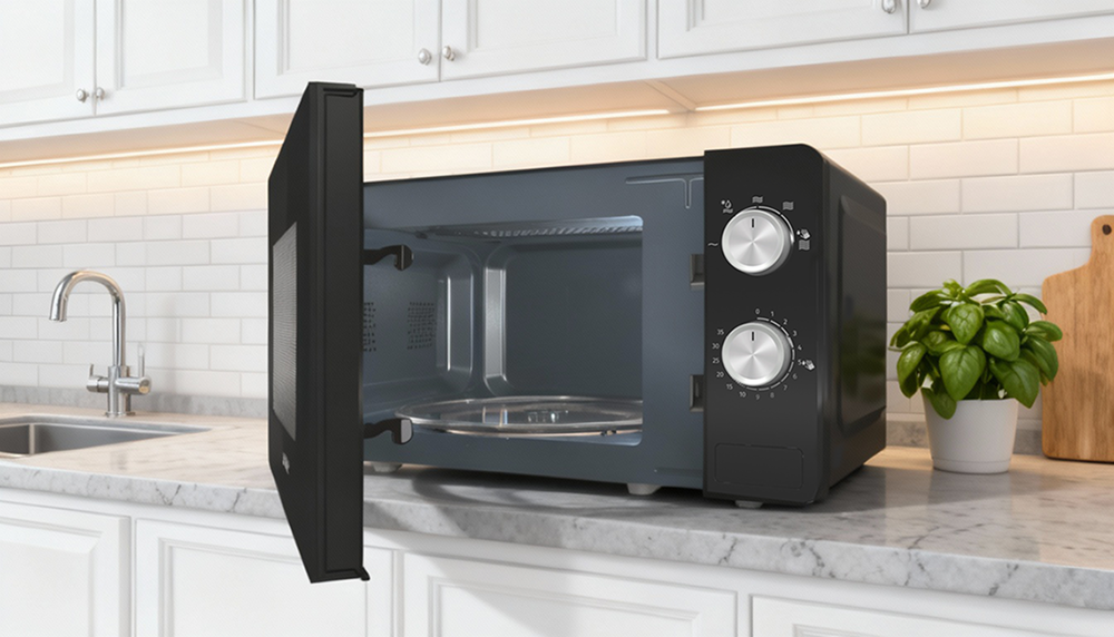 KUCHNIA MIKROFALOWA GORENJE MO20E1B kuchenka kolor biały otwarte drzwiczki wnętrze panel pokrętła łatwe czyszczenie gładkie wnętrze brak zakamarków szybkie czyszczenie higieniczne wnętrze