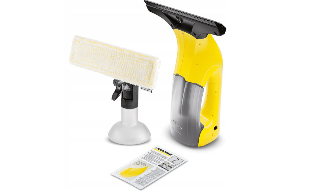 Myjka do okien KARCHER WV 1 Plus 1.633-203.0 wyposazenie zestaw akcesoria butelka ze spryskiwaczek pad z mikrofibry bateria ladowarka