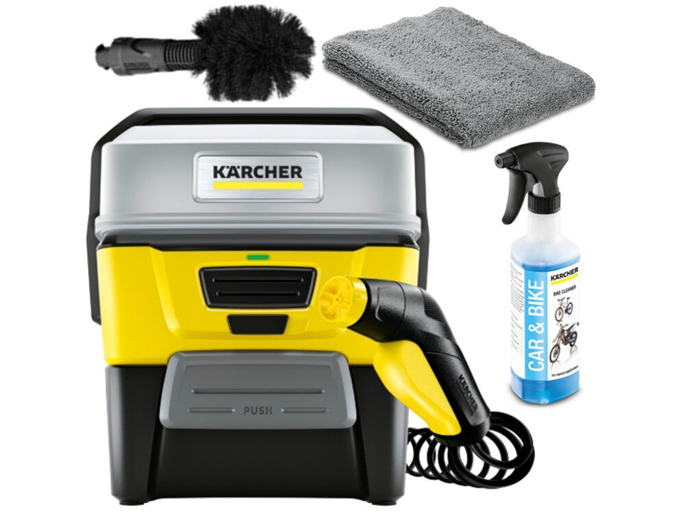 Myjka ciśnieniowa KARCHER OC 3 + zestaw Bike 1.680-017.0 zestaw akumulator kabel ladujacy dysza plaska filtr wody waz srodek do czyszczenia sciereczka z mikrofibry szczotka dokumentacja