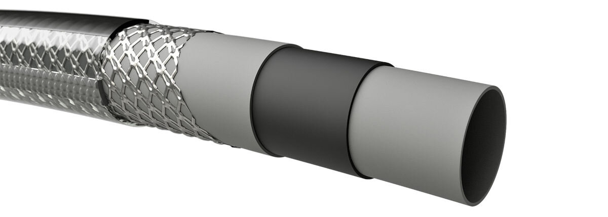 Wąż ogrodowy KARCHER PrimoFlex Premium 1/2 50 m 2.645-325.0, glony, UV, filtr, promieniowanie, na białym tle wizualizacja budowy węża wartswa po warstwie