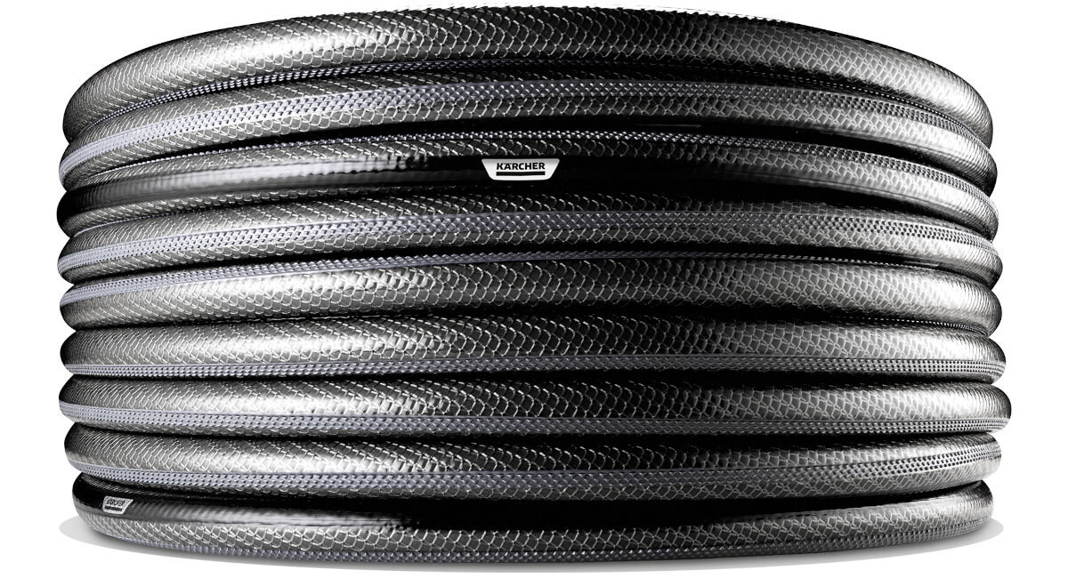 Wąż ogrodowy KARCHER PrimoFlex Premium 1/2 50 m 2.645-325.0, długość, waga, bary, ciśnienie, na białym tle wąż od frontu bokiem