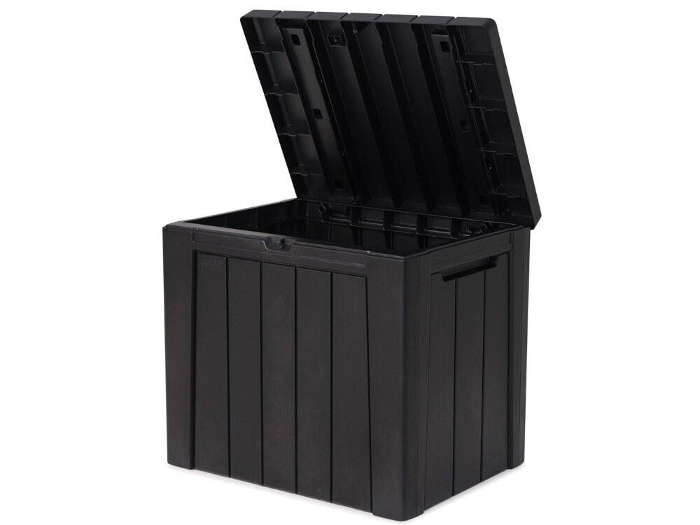Skrzynia ogrodowa KETER Urban Storage Antracyt niewielkie rozmiary 59.,6 x 46 x 53 cm pojemność 113 litrów z wysokiej jakości tworzywa sztucznego imituje naturalne drewno nie wymaga konserwacji system JUST CLICK AND GO montaż na zatrzaski