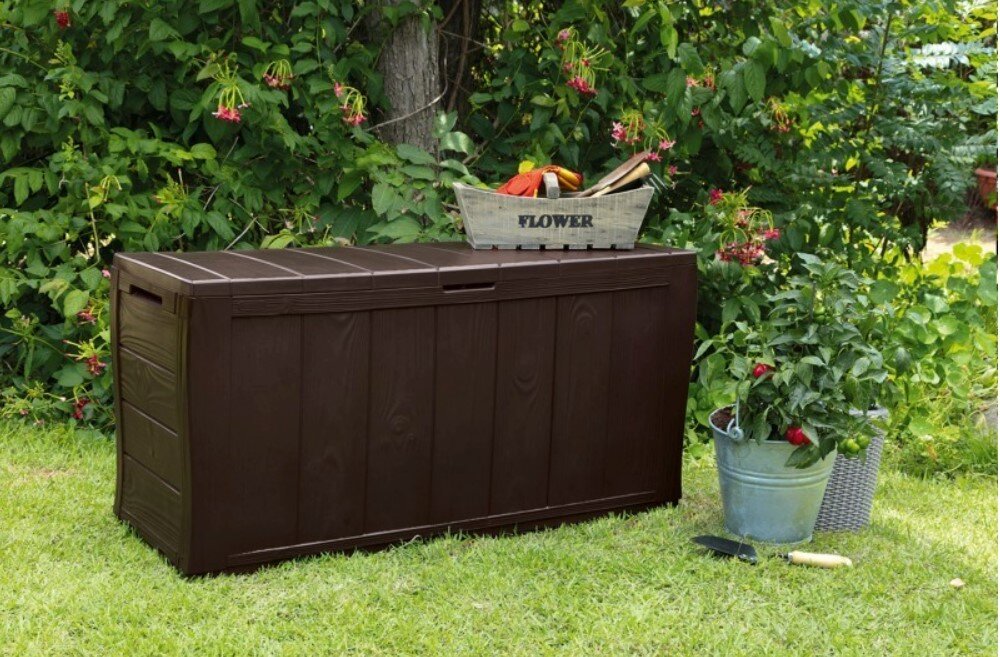 Skrzynia ogrodowa KETER Sherwood Storage Box 270 L Antracyt z wysokiej jakości materiału imituje naturalne drewno nie wymaga konserwacji system JUST CLICK AND GO montaż na zatrzaski