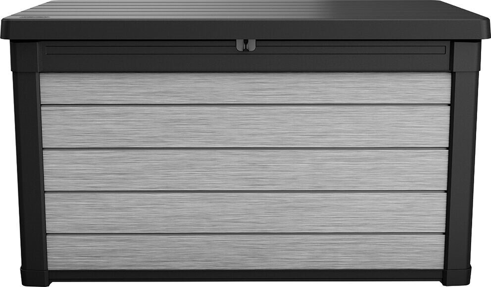 Skrzynia ogrodowa KETER Denali Duo Tech Box 380L Czarno-szary z wysokiej jakości materiału EVOTECH imituje naturalne drewno w stylu rustykalnym nie wymaga konserwacji system JUST CLICK AND GO montaż na zatrzaski
